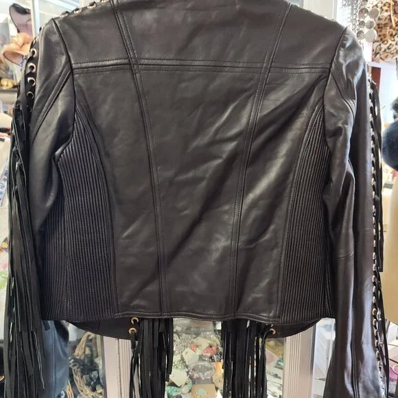 MADONNA & CO LUXE FRINGE LEATHER BOLERO JACKET BIKER BABE RARE - Picture 7 of 8